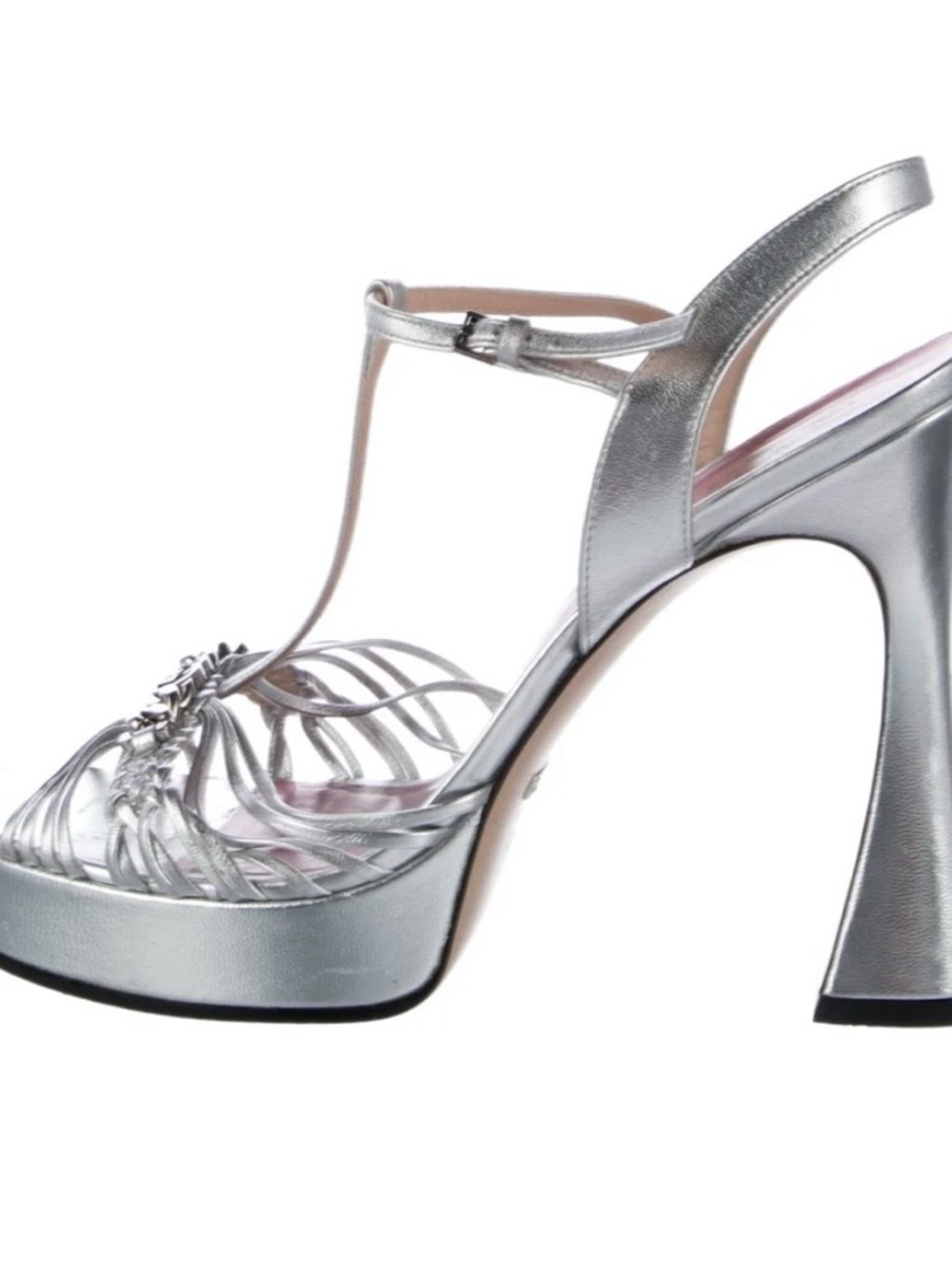 Gucci Silver Metallic T-Strap Platform Sandals